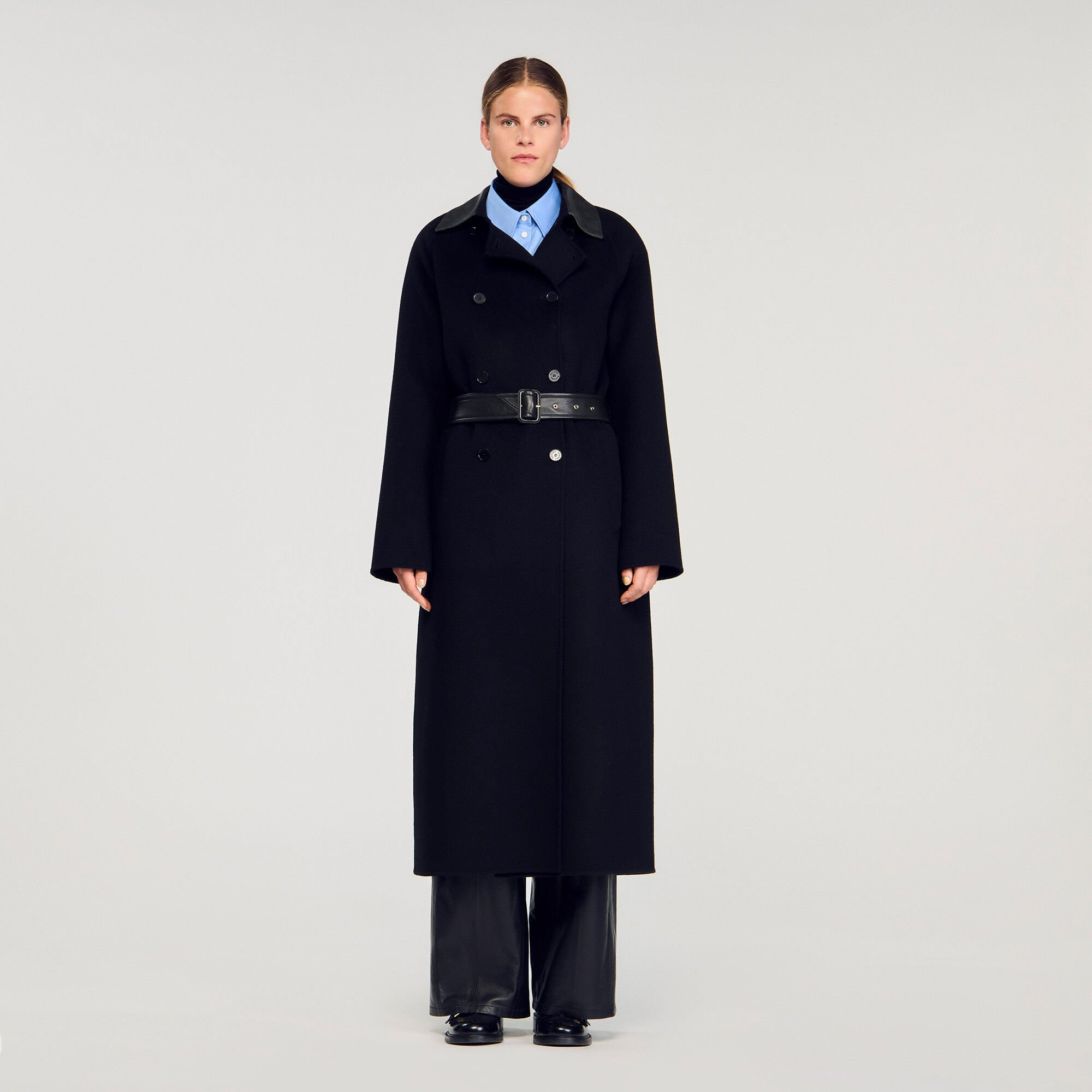 LONG WOOL AND LEATHER COAT - 1