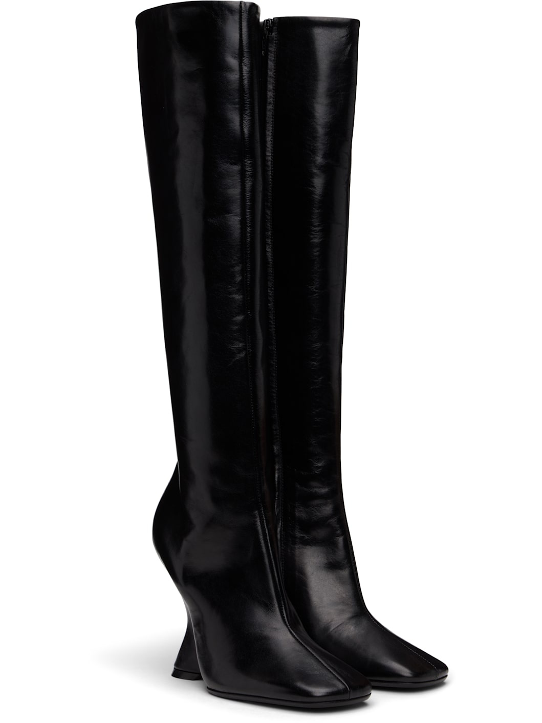Black Leather Wedge Tall Boots - 4