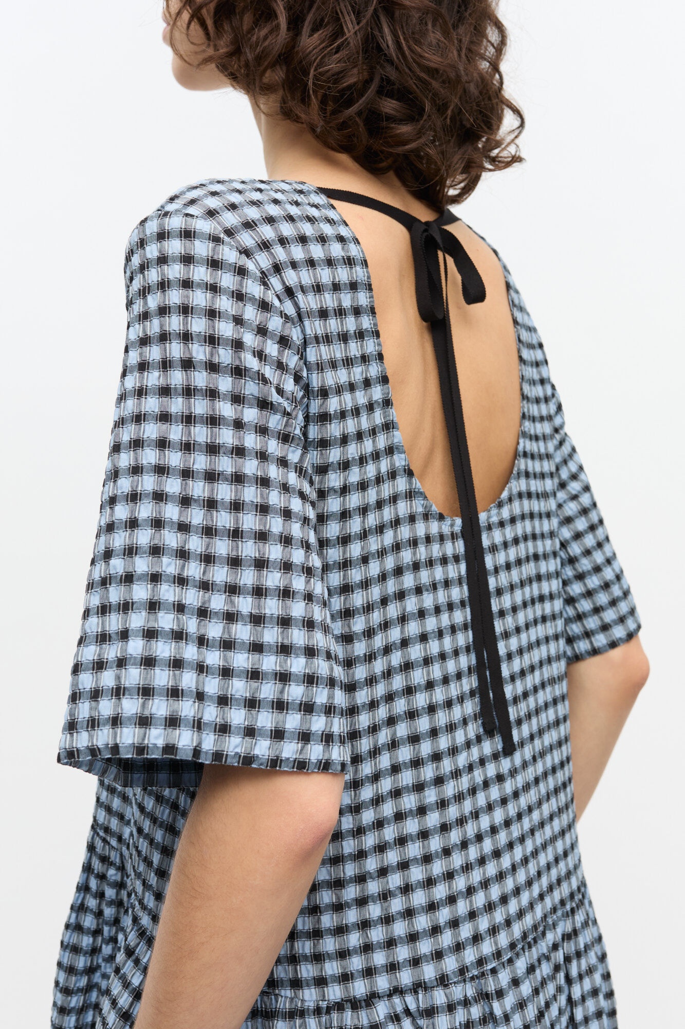 BLUE SEERSUCKER CHECK MIDI DRESS - 5