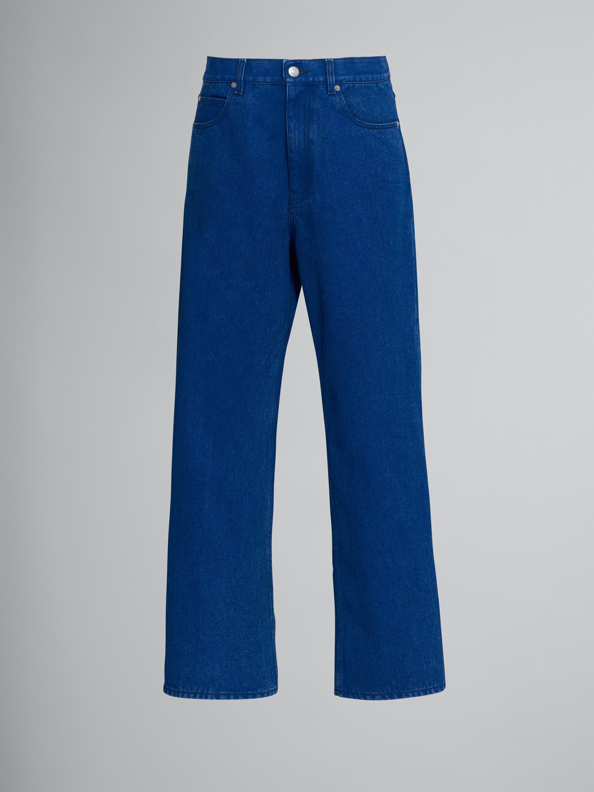 FLARED TROUSERS IN COATED BLUE DENIM - 1