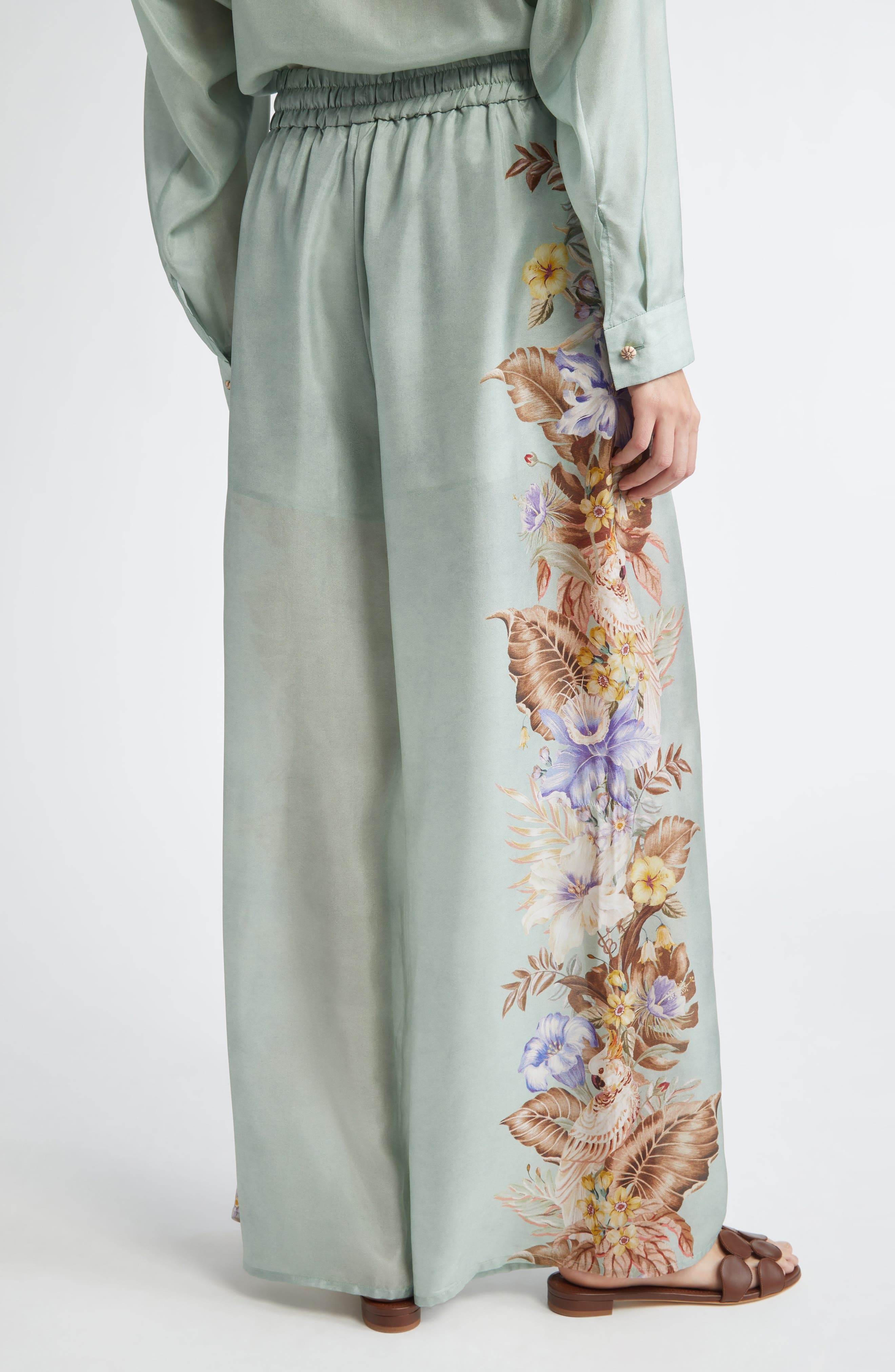 Zimmermann Coco Placed Print Silk Wide Leg Pants in Sage Multi Floral at Nordstrom - 3