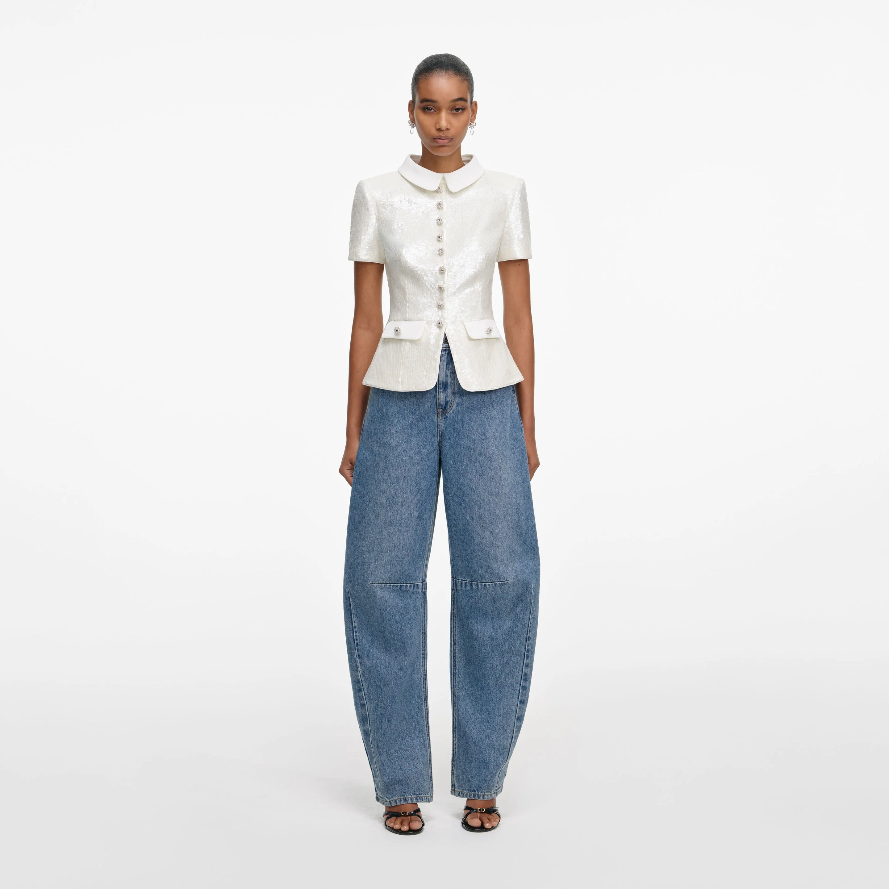 White Sequin Tailored Top - 1