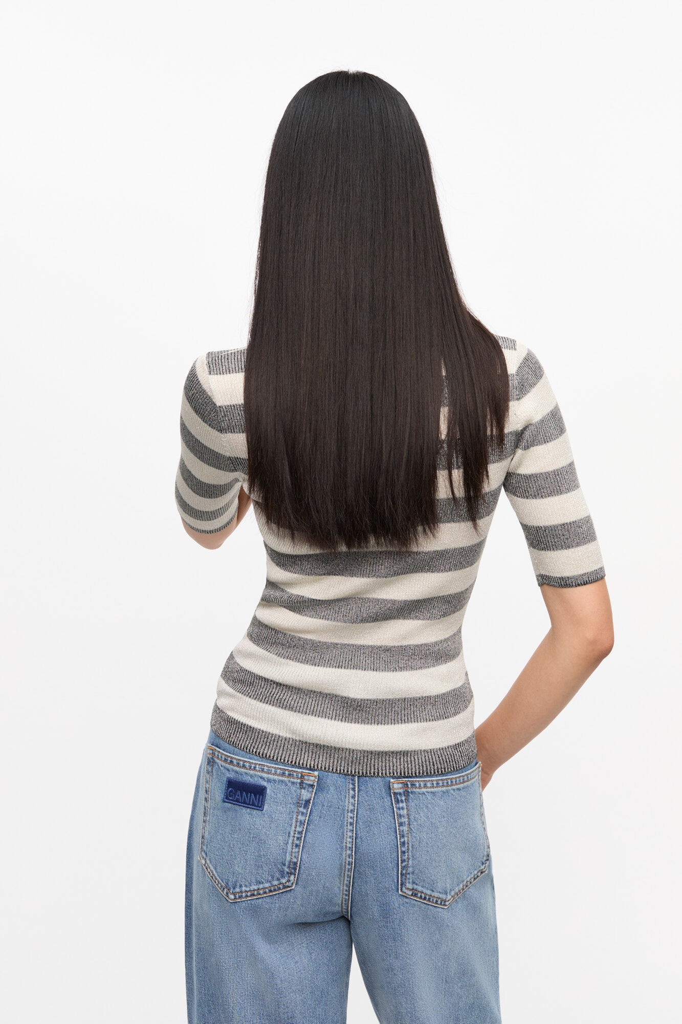 GREY STRIPED SPARKLE RIB POLO T-SHIRT - 3