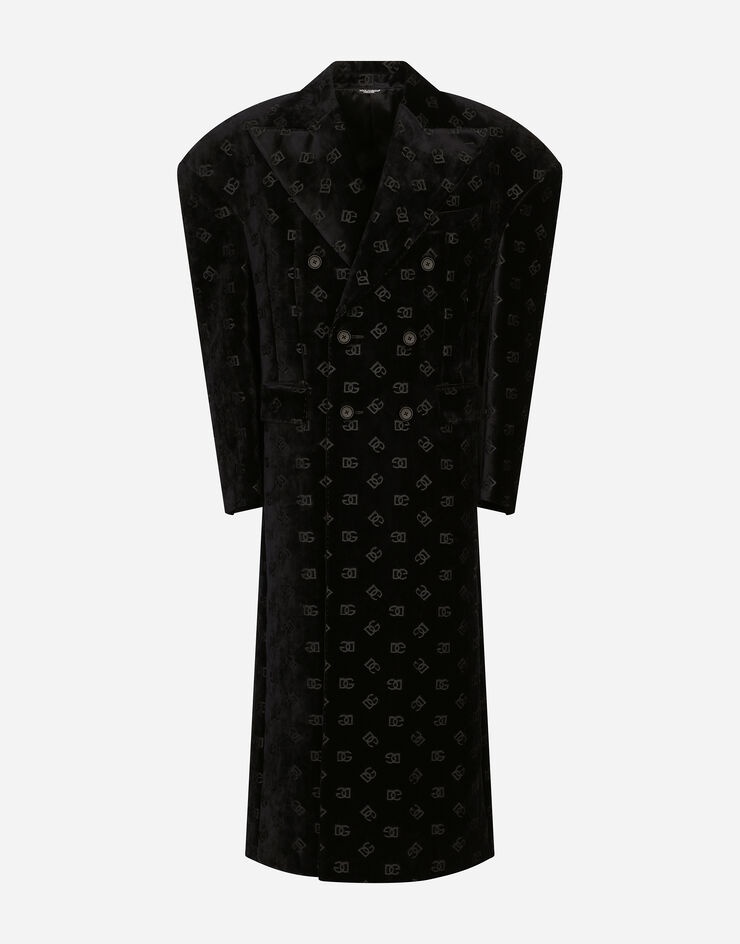 Double-breasted velvet coat with all-over DG print - 3
