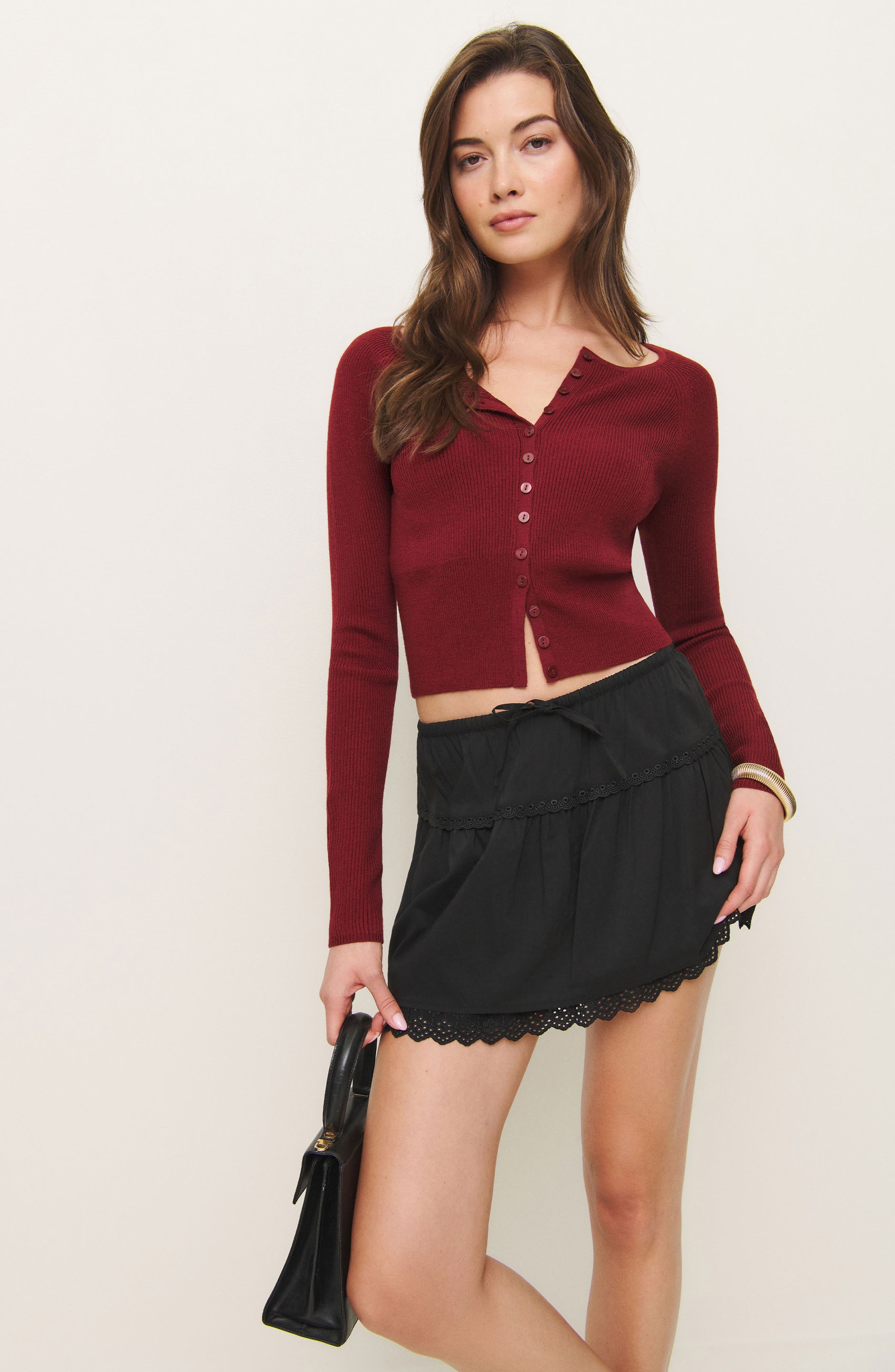 Reformation Tavia Eyelet Trim Organic Cotton Miniskirt in Black at Nordstrom - 5
