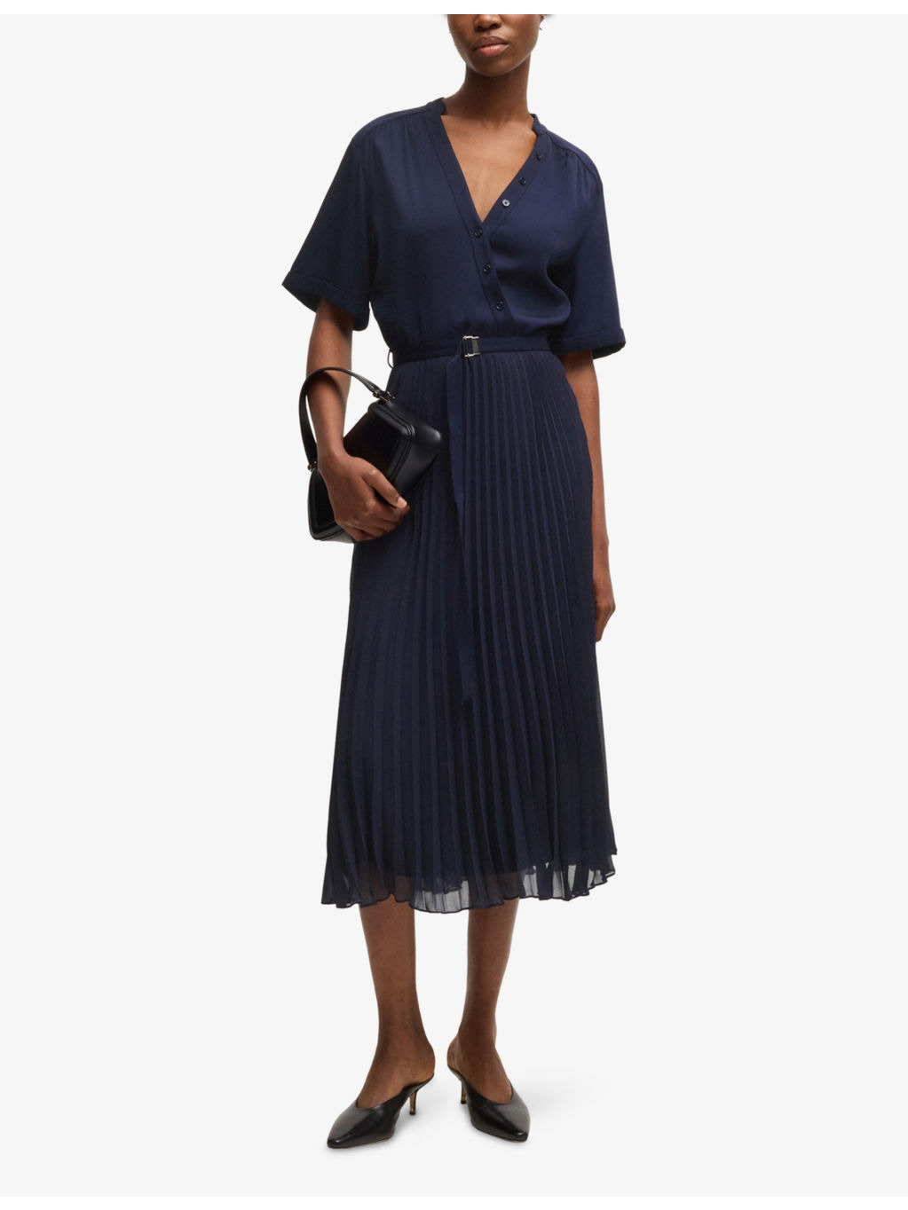 V-Neck Pleated-Skirt Woven Midi Dress - 2