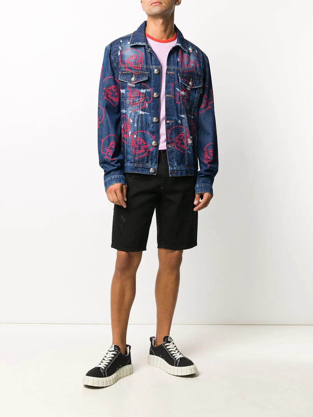 outline skull denim jacket - 2