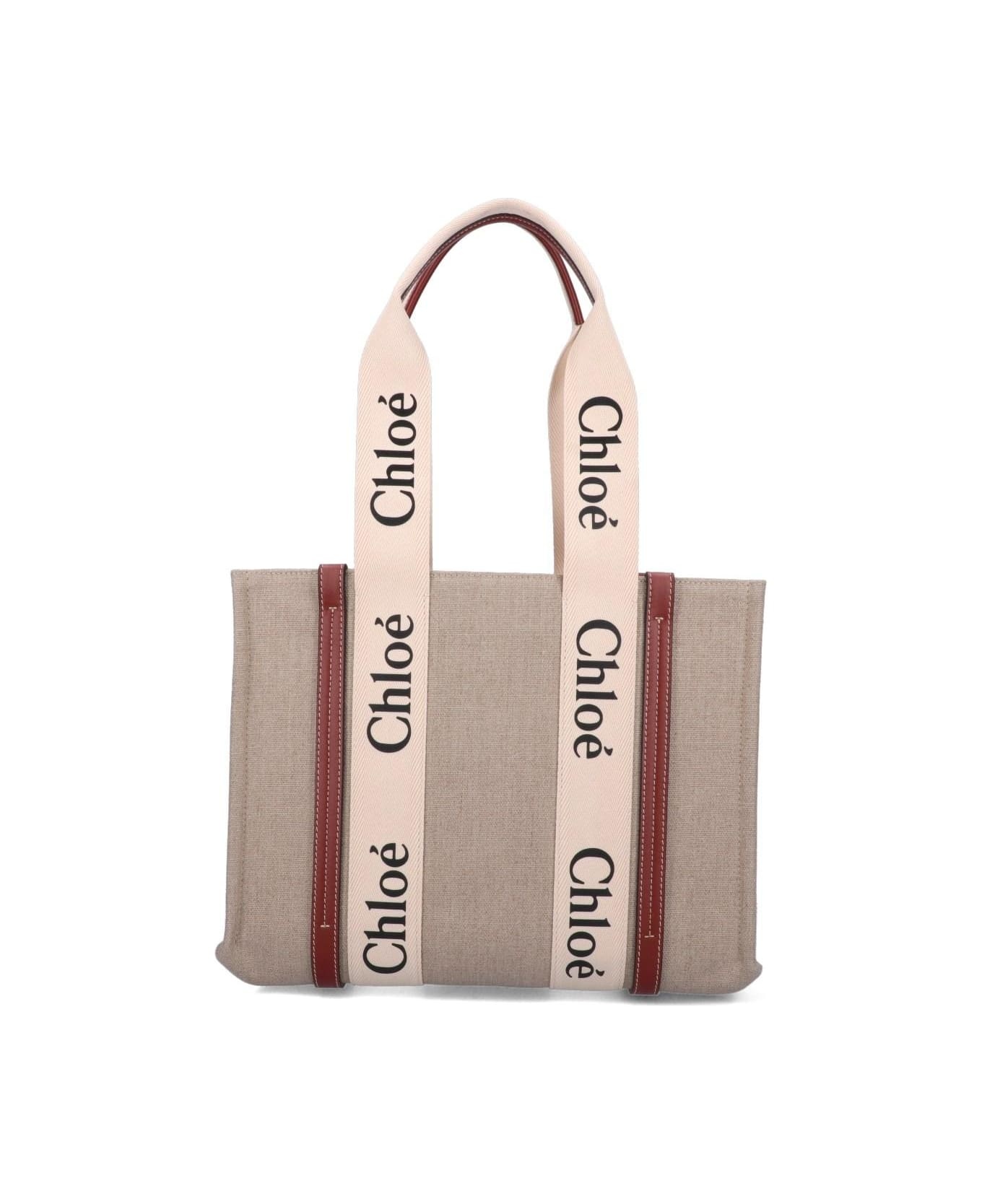 White And Brown Medium Woody Shopping Bag With Shoulder Strap - 2