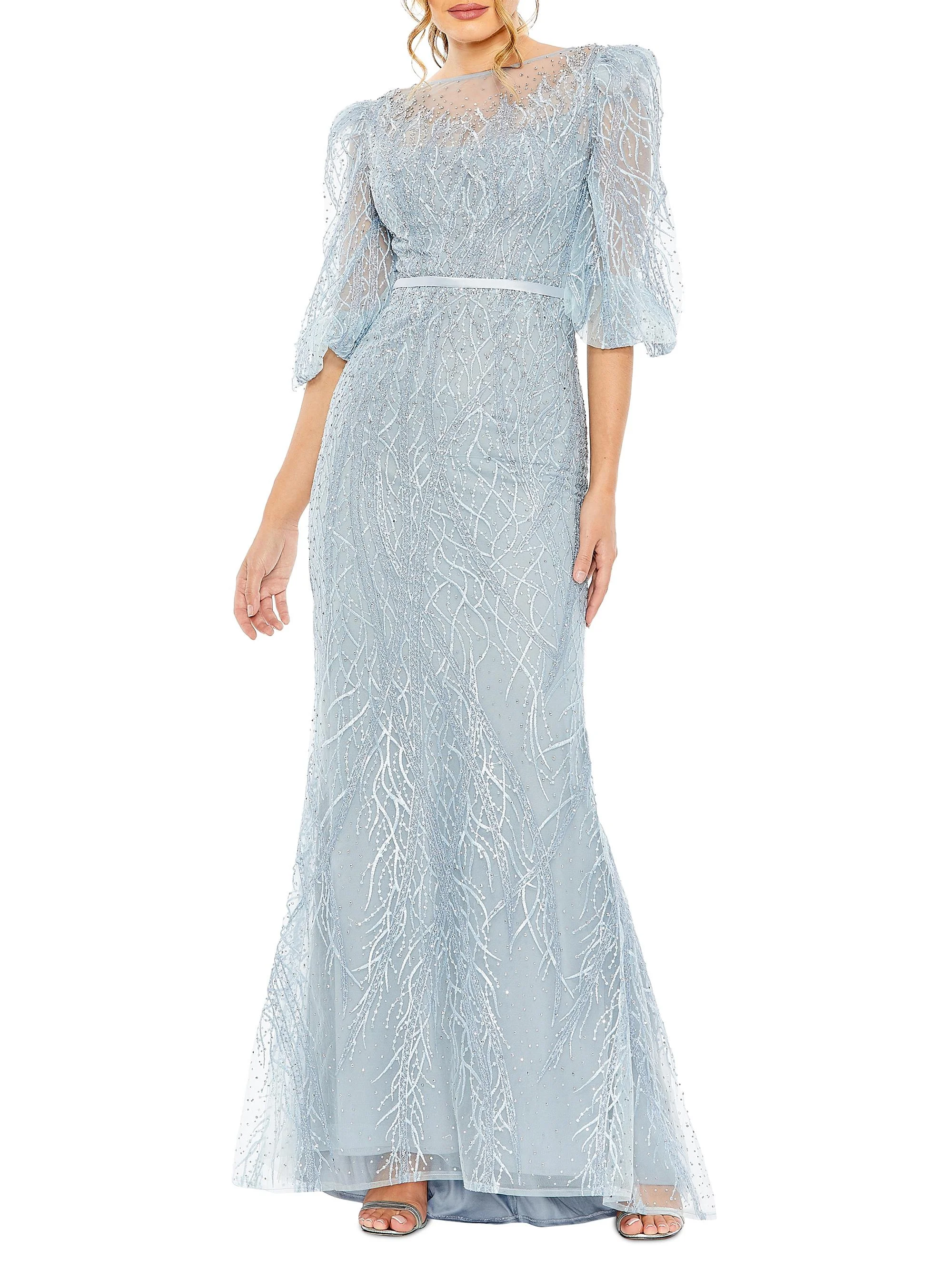 Women's Evening Tulle Puff-Sleeve Gown - Ice Blue - 1