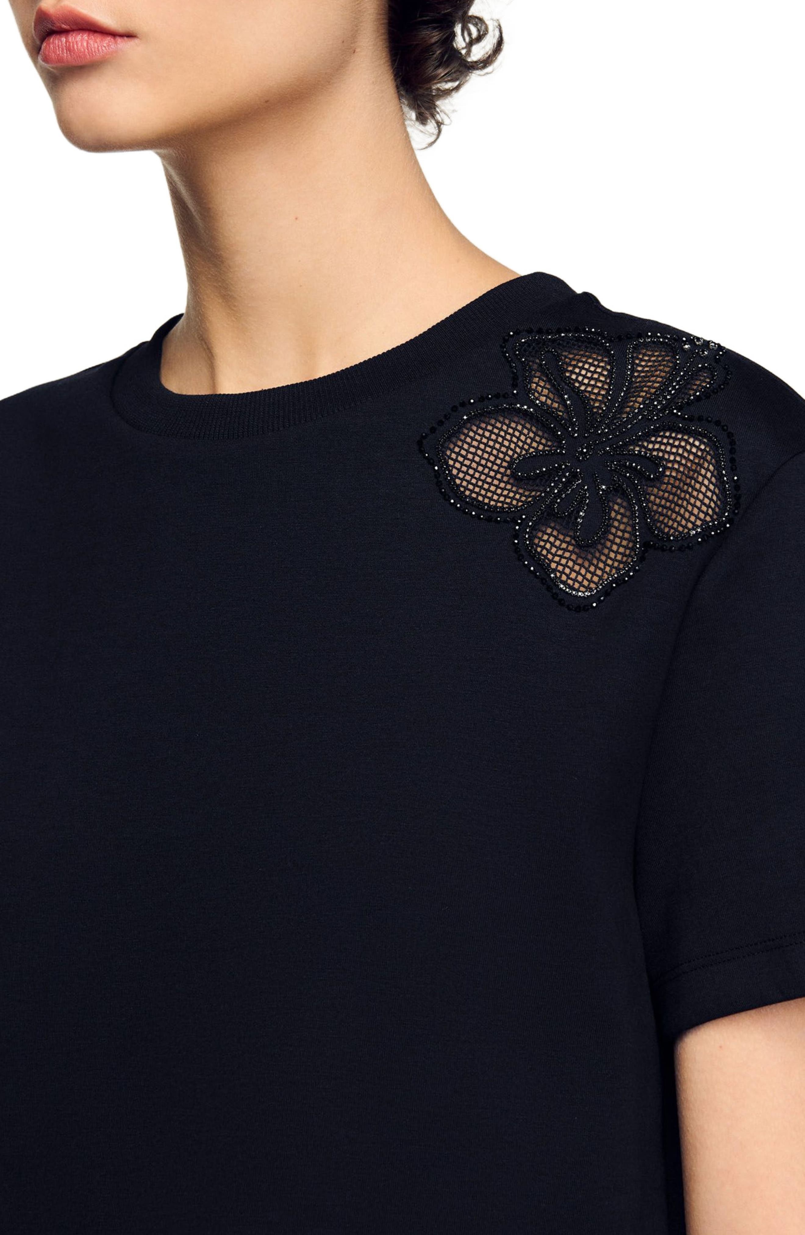 SANDRO Floral embroidery T-shirt in Black at Nordstrom - 4