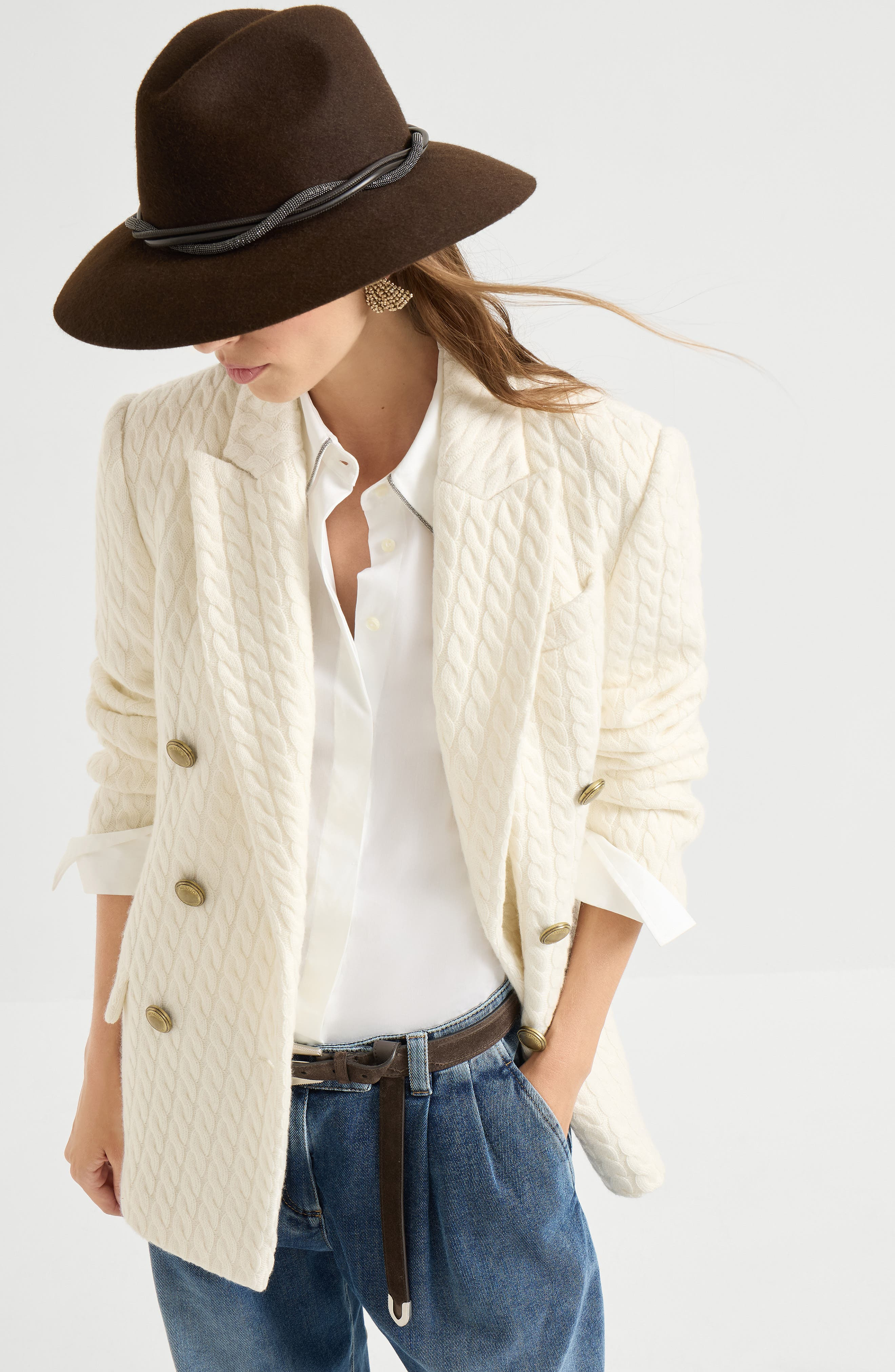 Brunello Cucinelli Cashmere cable knit blazer in White at Nordstrom - 5