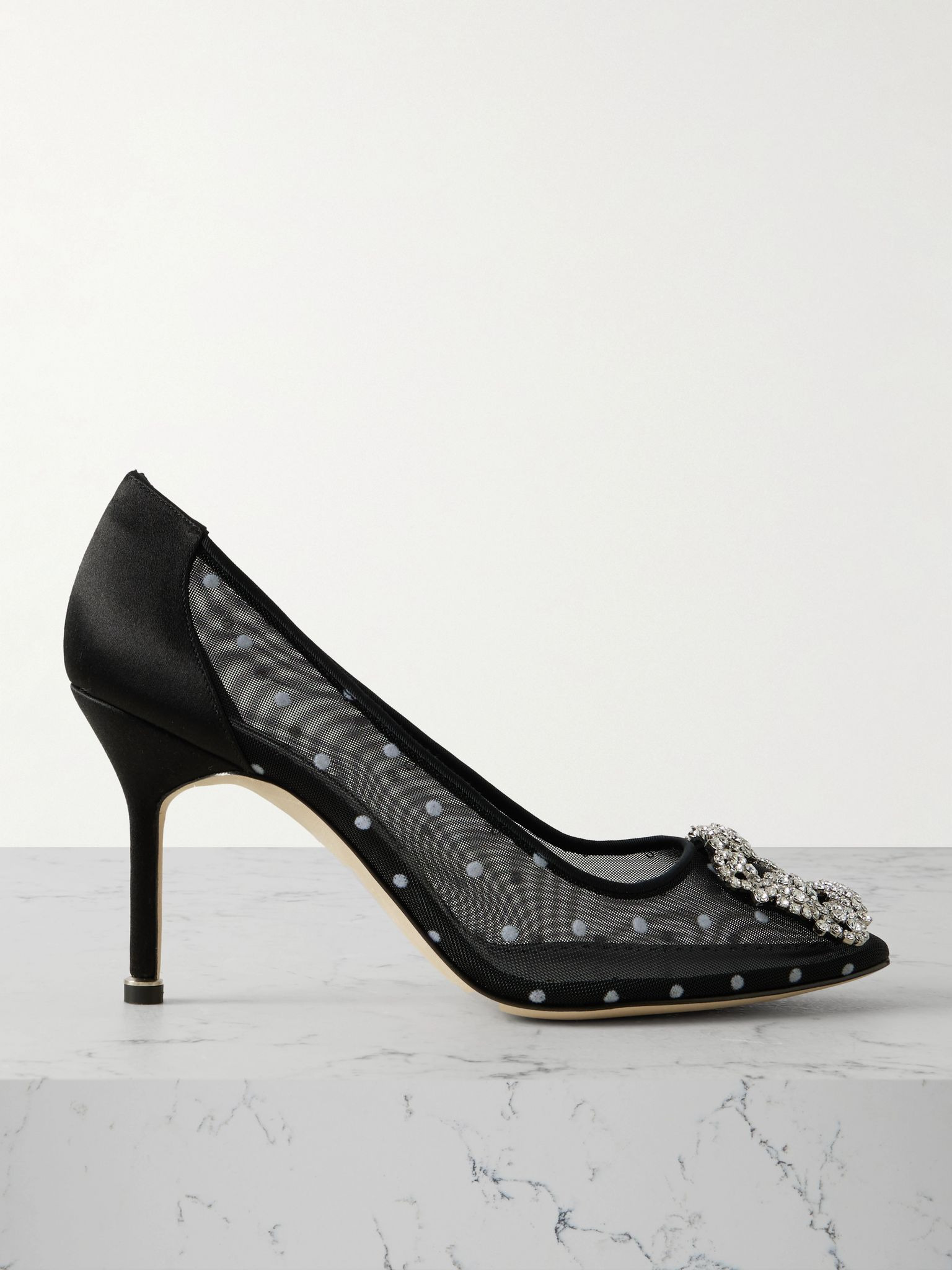 Hangisi 90 satin-trimmed crystal-embellished flocked mesh pumps Black - 1