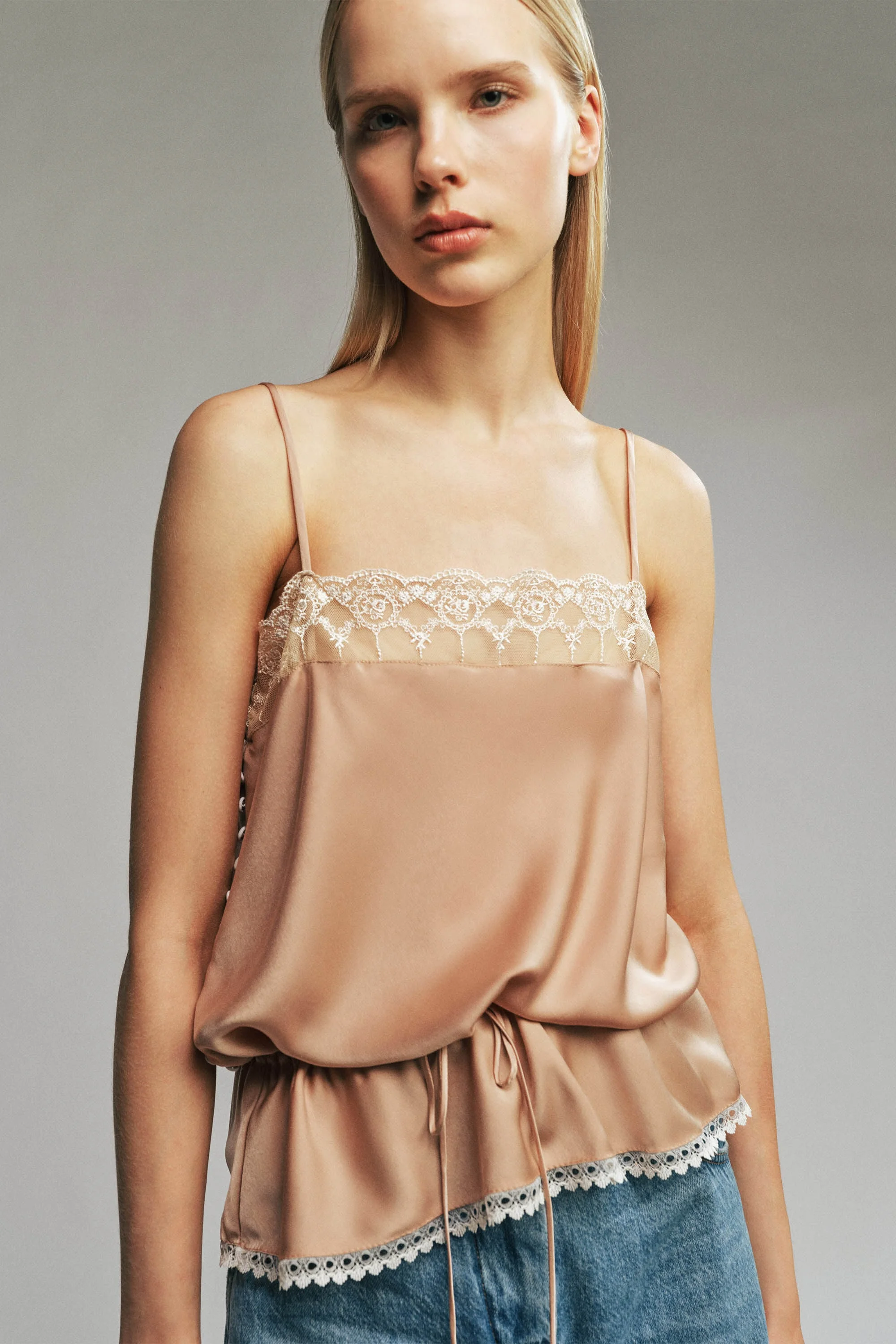 Bonita Satin Lace Trim Top In Soft Camel - 1