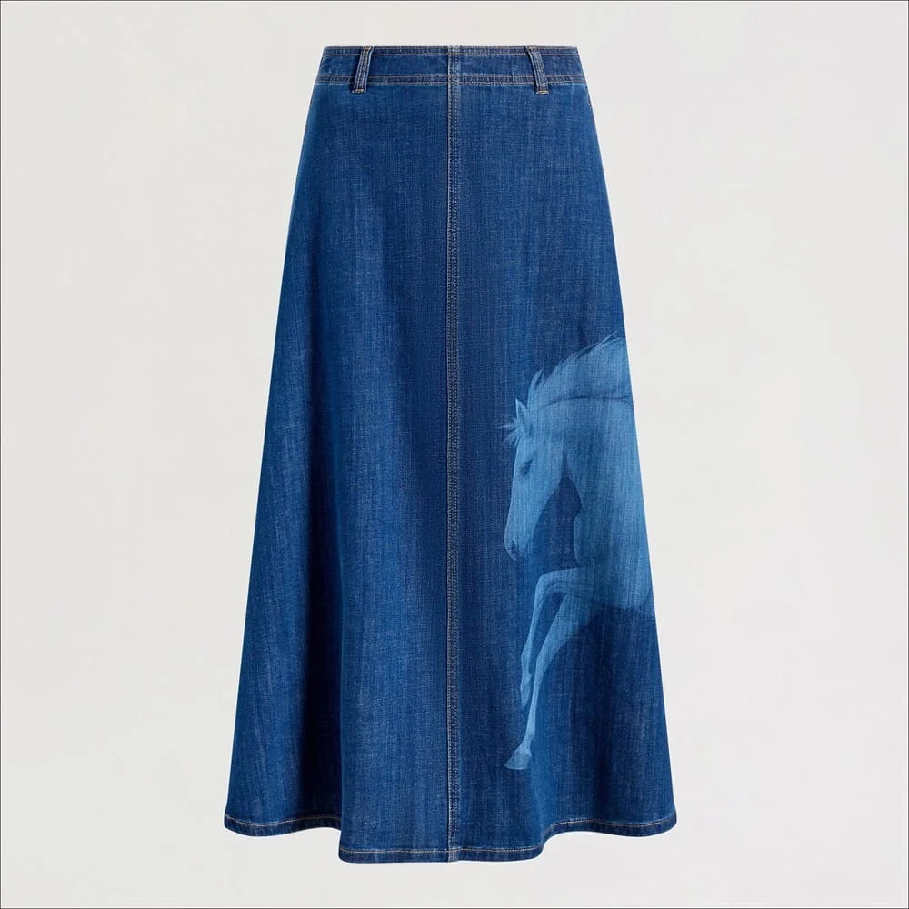 Horse Print Denim Midi Skirt - 1