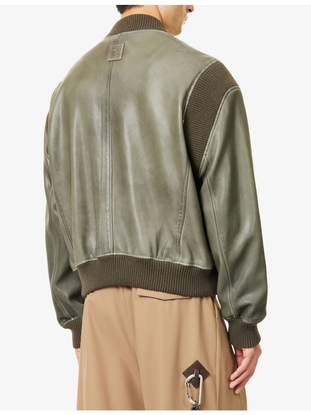 De-Bossed Logo Ribbed-Trims Leather Bomber Jacket - 4