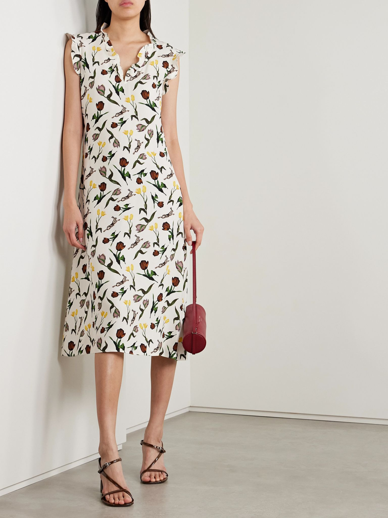 Ruffled printed crepe midi dress White - 2