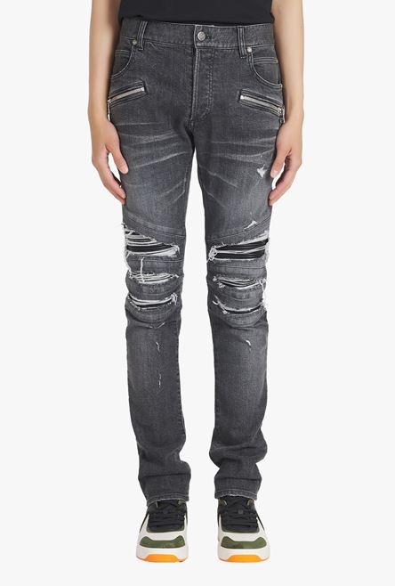 Slim cut ripped black faded cotton jeans - 5