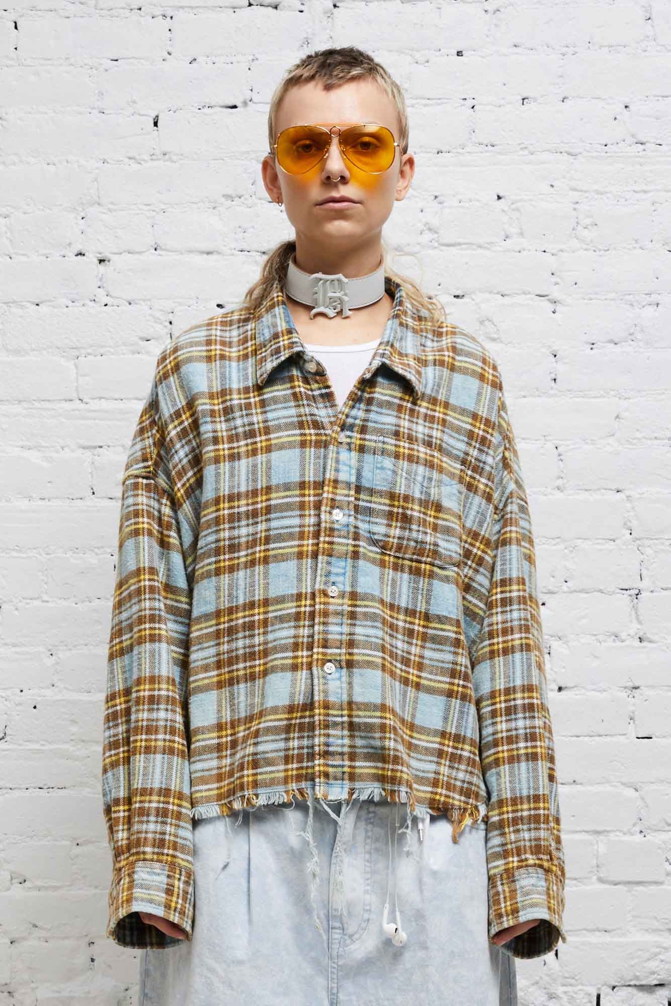 DROP NECK CROPPED SHIRT - BRIGHT BLUE PLAID - 1