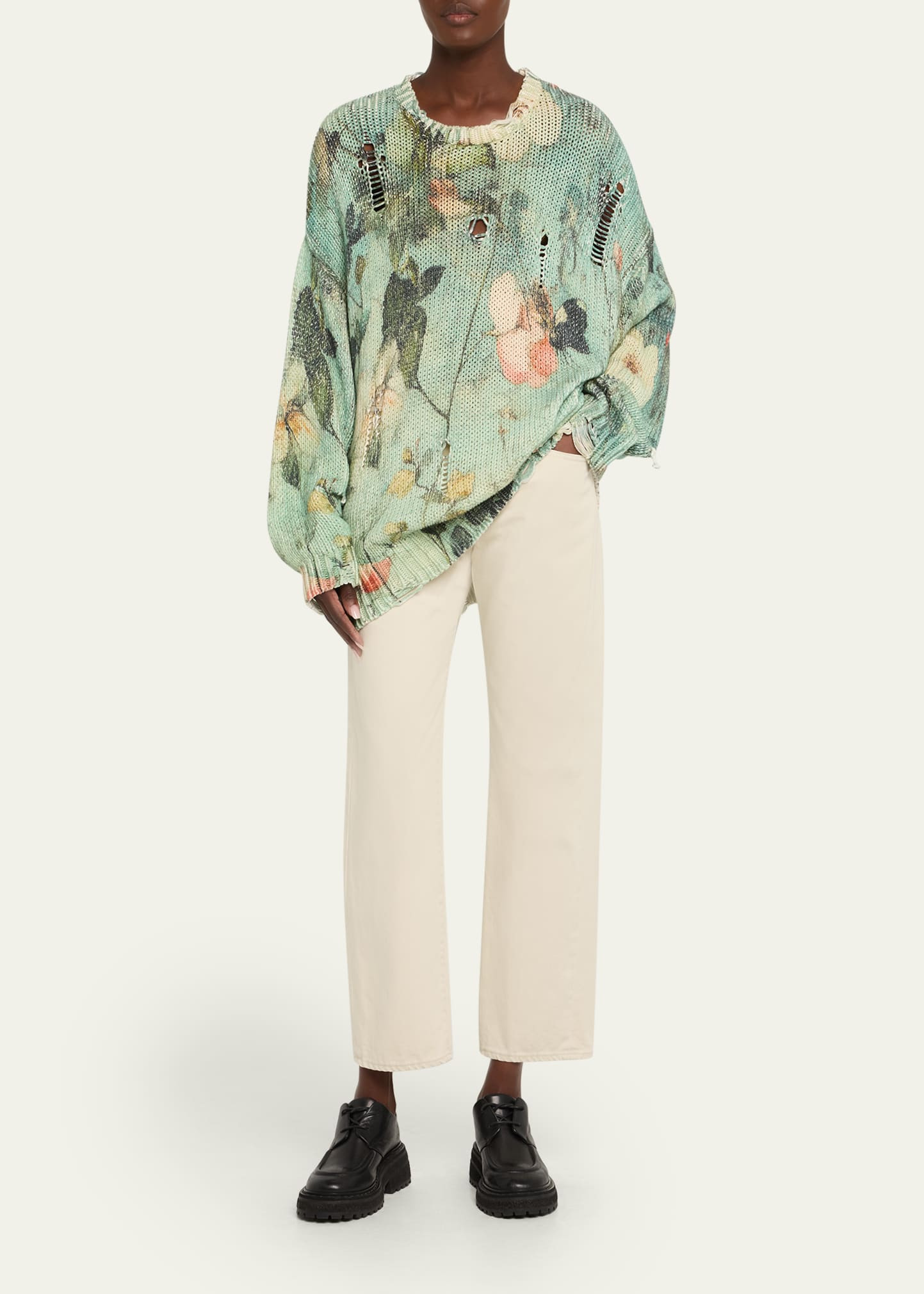 Cashmere Distressed Floral Boyfriend Sweater - 2