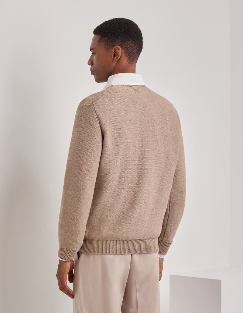 TAUPE COTTON AND SILK V-NECK SWEATER WITH STRUCTURED PATTERN 4