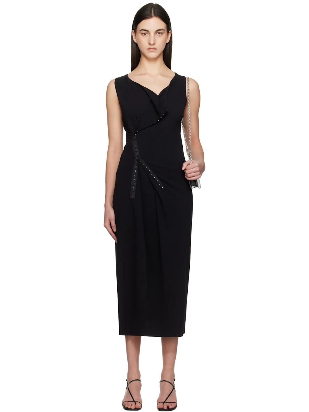 Black Cotton Rib Hook-Eye Midi Dress - 1