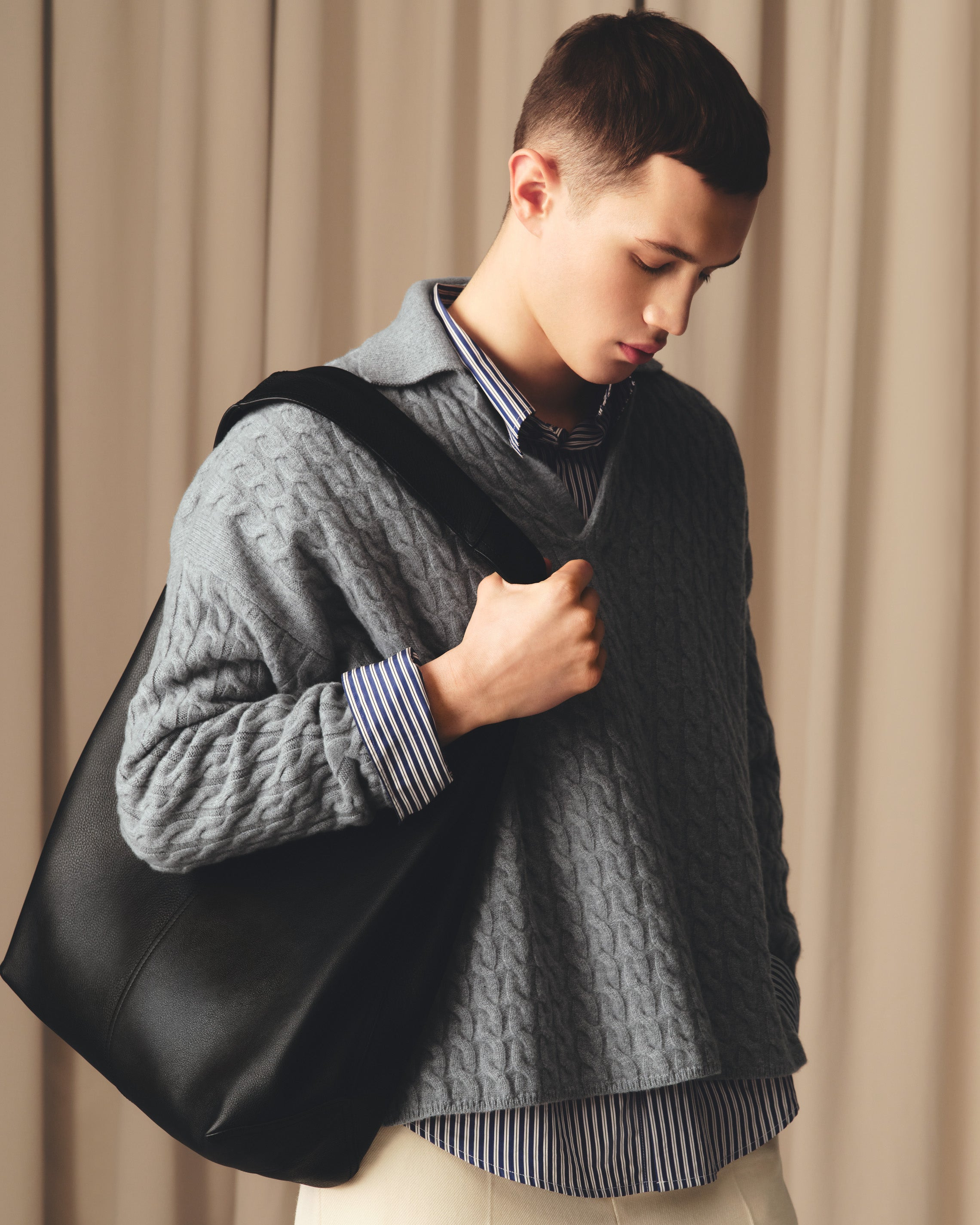 GREY WOOL CABLES KNIT POLO - 7