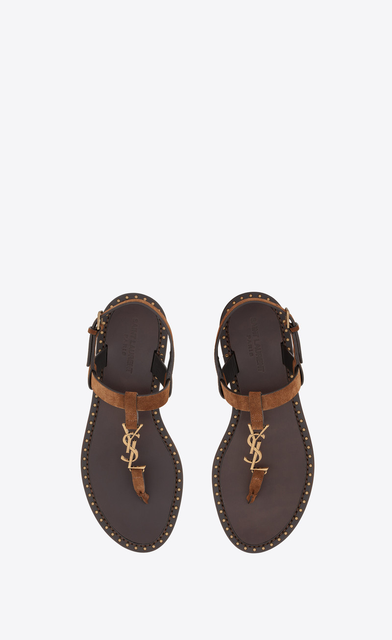 SAINT LAURENT cassandra flat sandals in suede with gold-tone monogram outlook