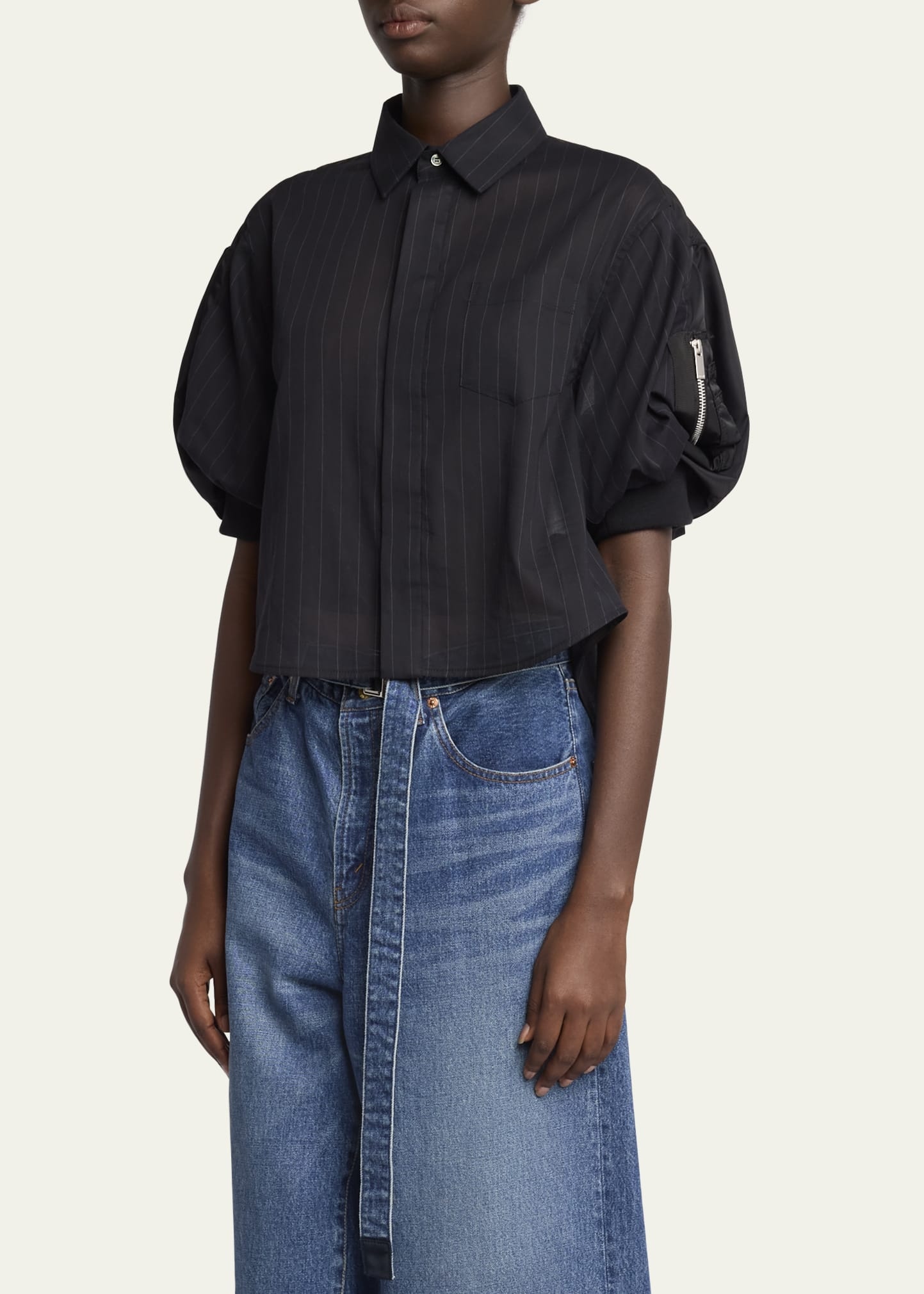 Hybrid Pinstripe Puff-Sleeve Blouse - 4