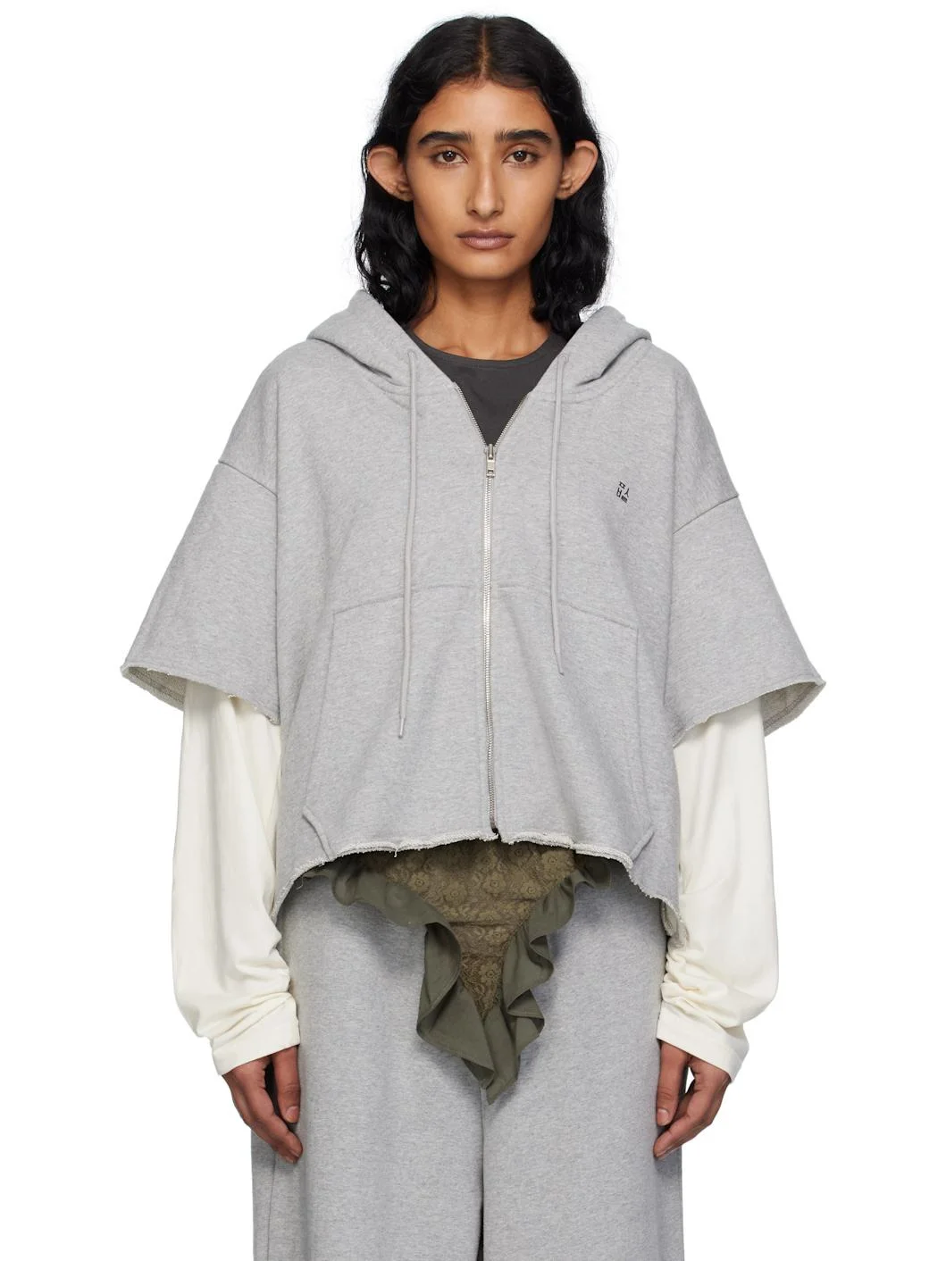 Gray Raw Edge Zip-Up Hoodie - 1
