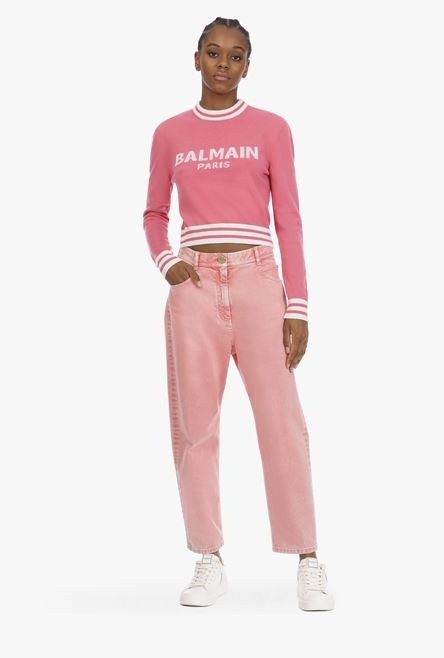 Cropped pink wool and cashmere sweatshirt with white Balmain logo - 2