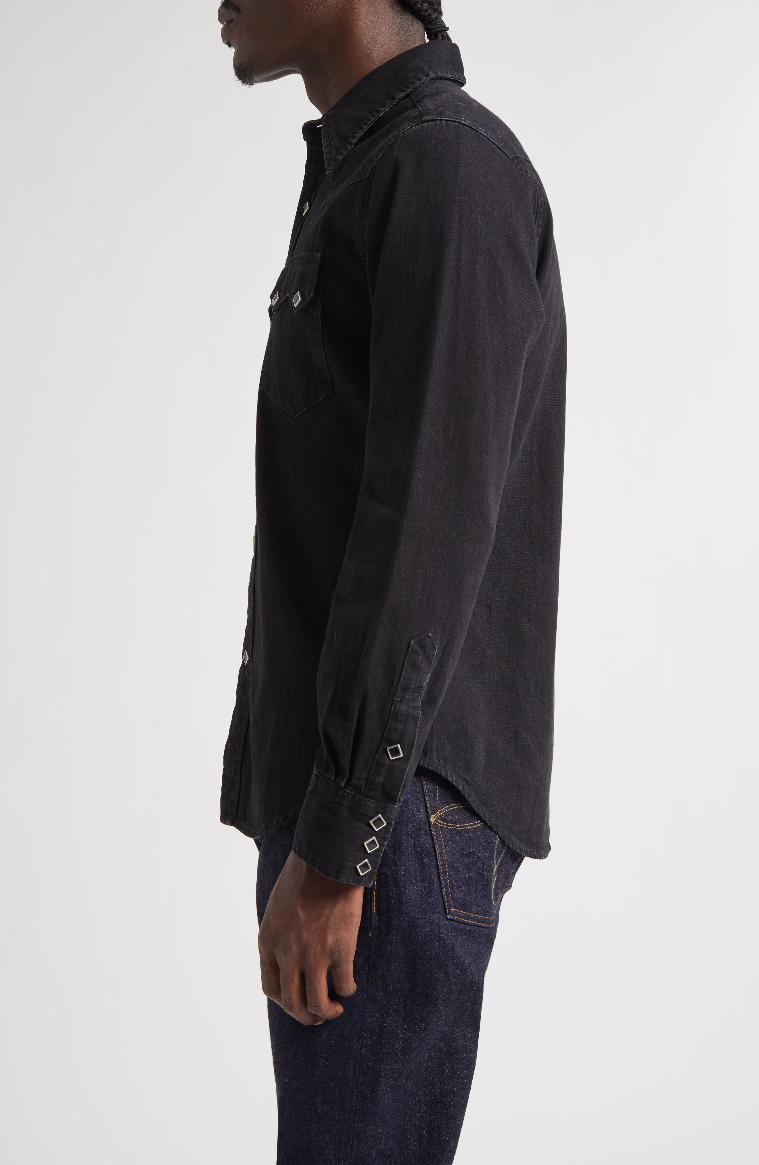 Double RL Slim Fit Denim Western Snap-Up Shirt in Black at Nordstrom - 4