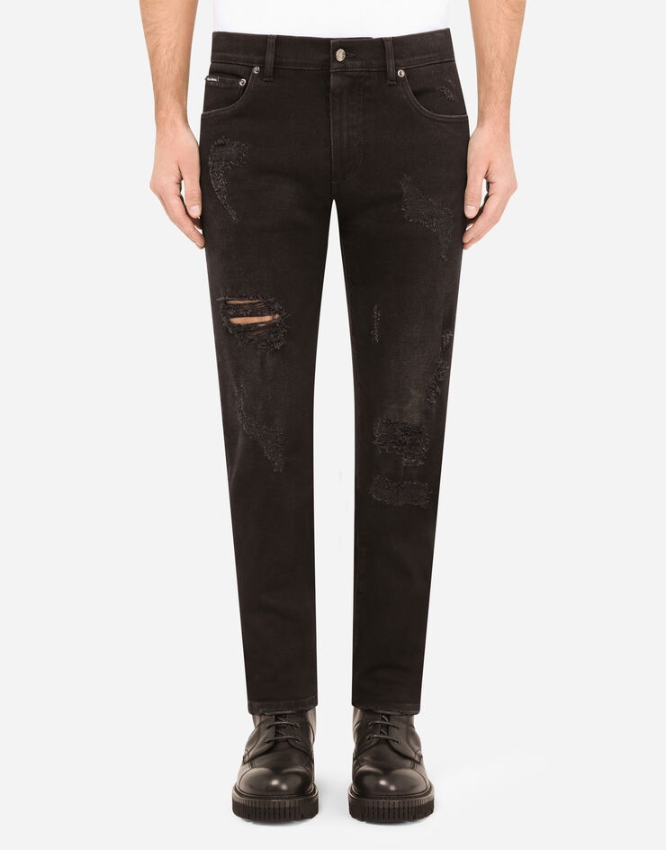 Black skinny stretch jeans with repaired rips - 1