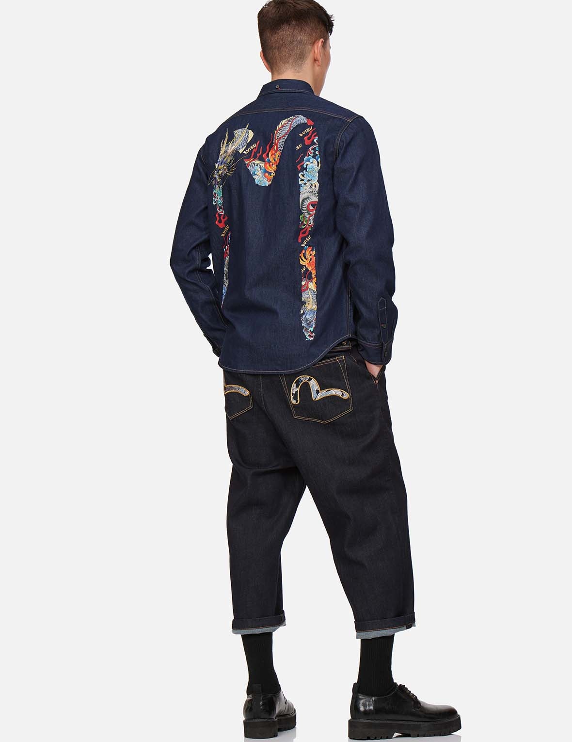 DRAGON-EMBROIDERED DAICOCK PRINT DENIM SHIRT - 7