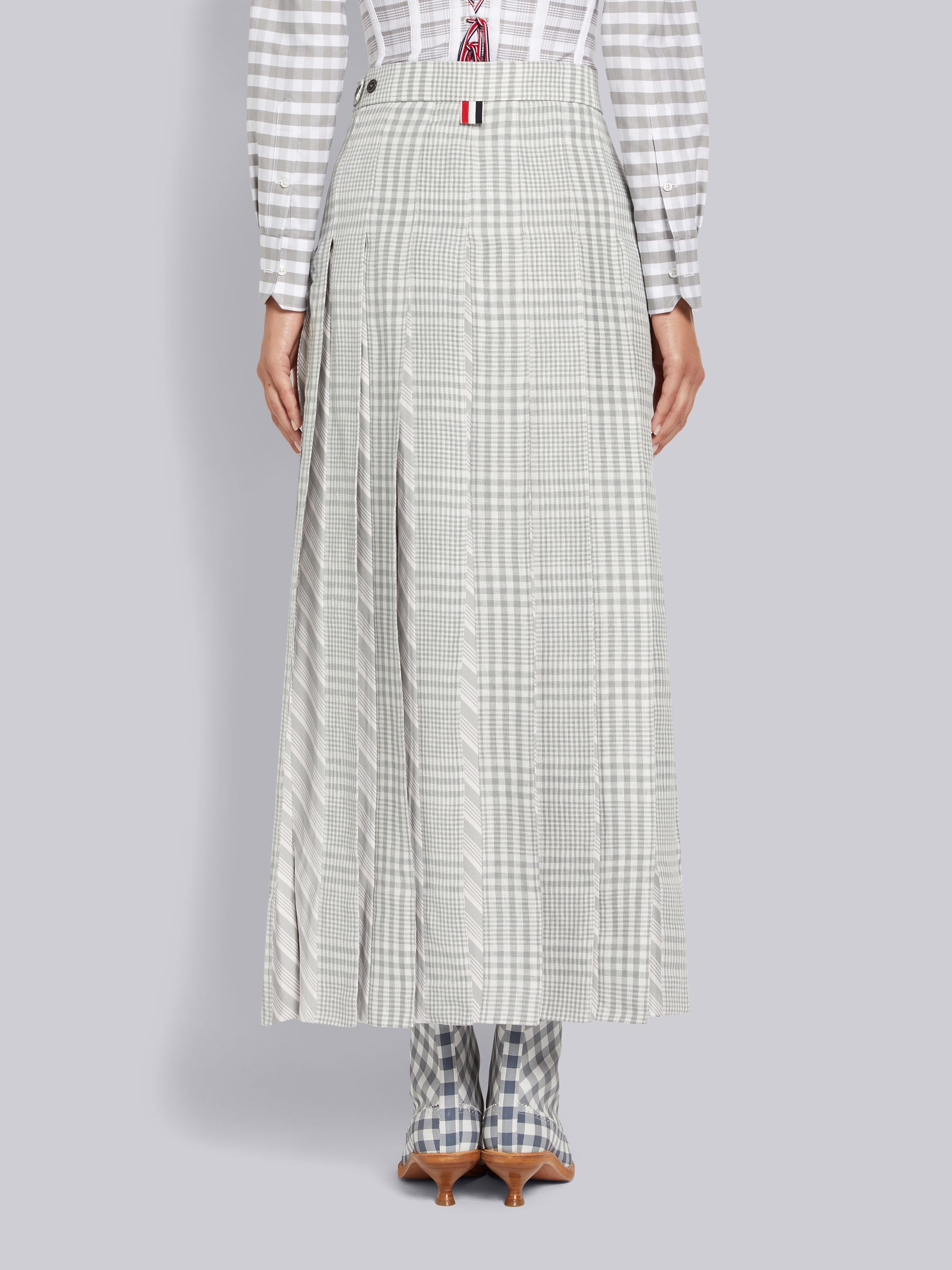 Medium Grey Gingham Crispy Linen Silk Jacquard Pleat Half Pleated Dropped Back Below the Knee Skirt - 3