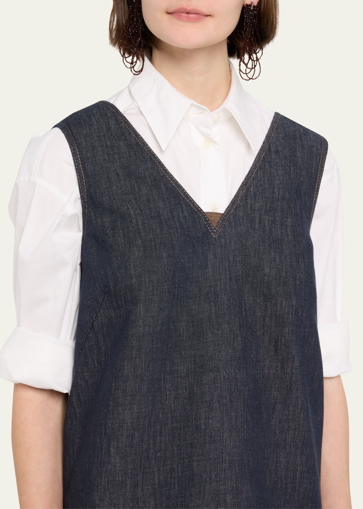 Short V-Neck Denim Tank Dress with Monili Insert - 5