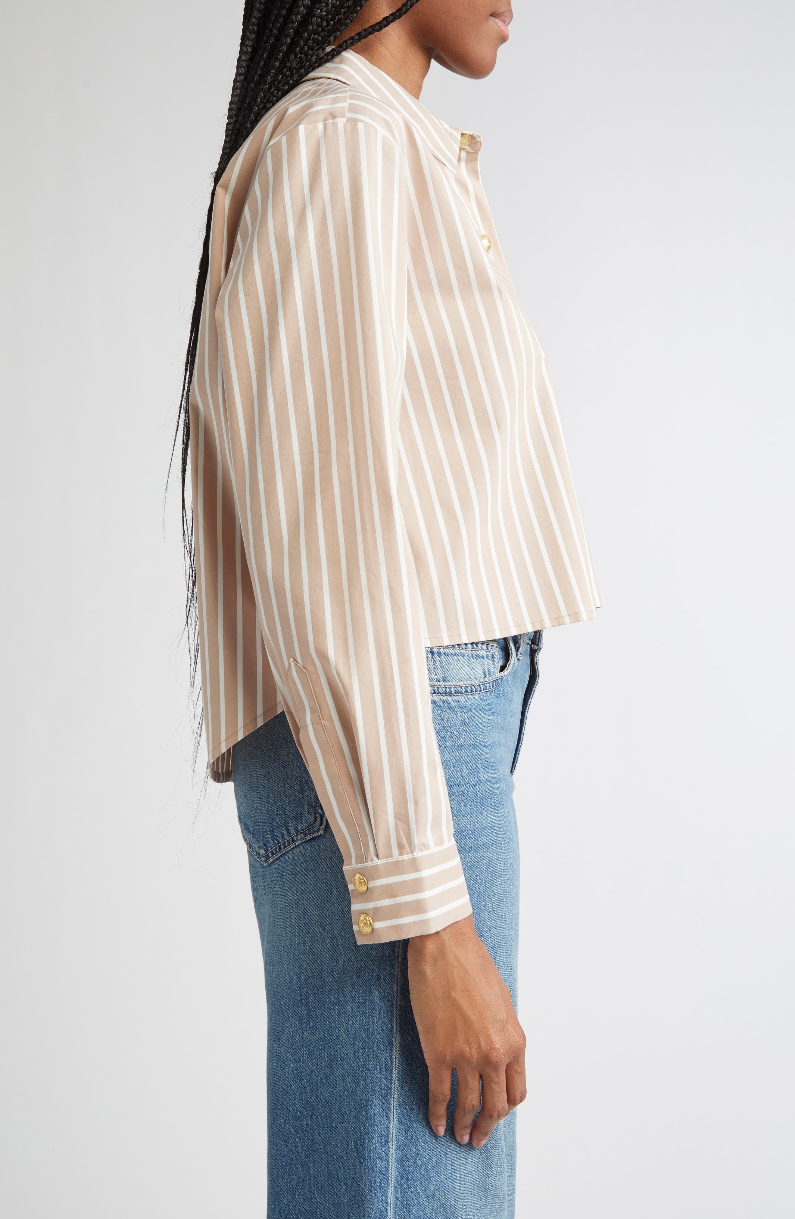 L'AGENCE Cosette Stripe High-Low Crop Snap-Up Shirt in Cappuccino/Ivory Stripe at Nordstrom - 4