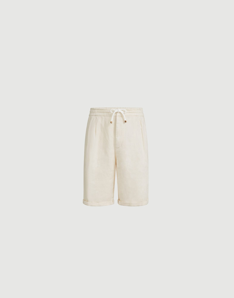 Garment-dyed Bermuda shorts in linen gabardine with drawstring and pleat 1