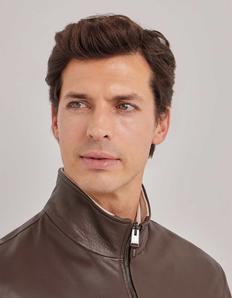 CARAMEL MIXED-MATERIAL ULTRALIGHT SUEDE BOMBER JACKET WITH KNIT INSERTS 170