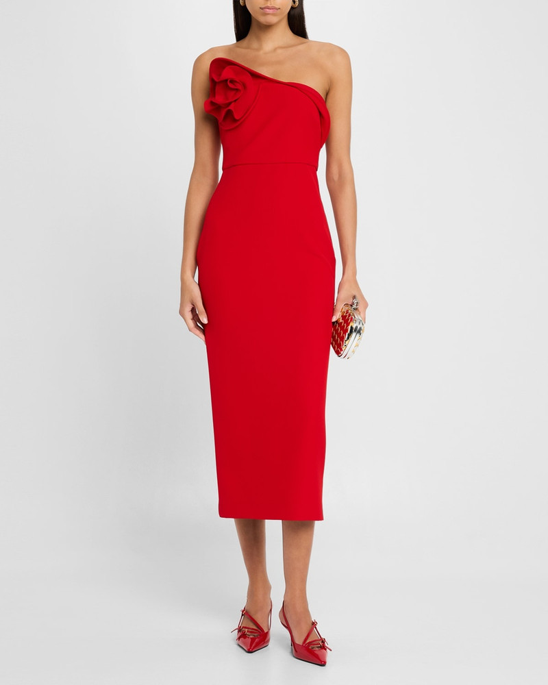 ROLAND MOURET Strapless Flower Drape Crepe Midi Dress outlook