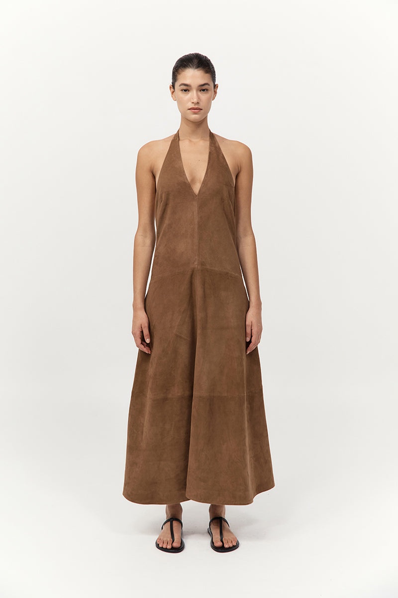 Suede Halter Plunge Dress - Toffee - 2