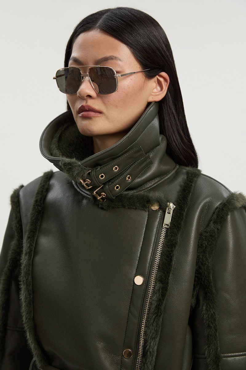 KAREN MILLEN Faux Fur High Neck Belted Biker Coat outlook