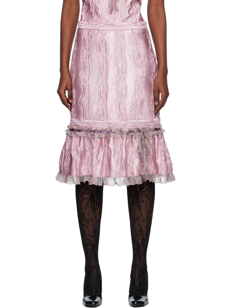 Pink Crushed Satin Ruffle Midi Skirt 1