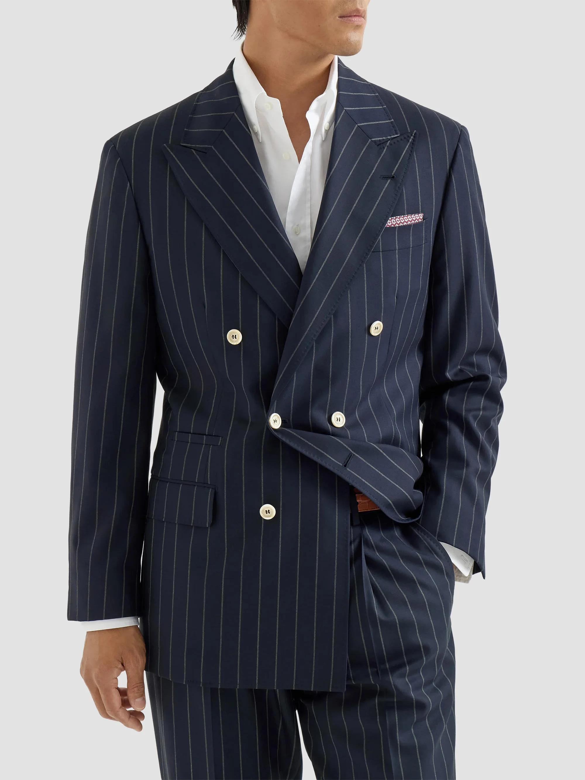 Men's Virgin Wool Wide Chalk Stripe Batavia One and A Half Breasted Tailor Blazer - Blue - 1