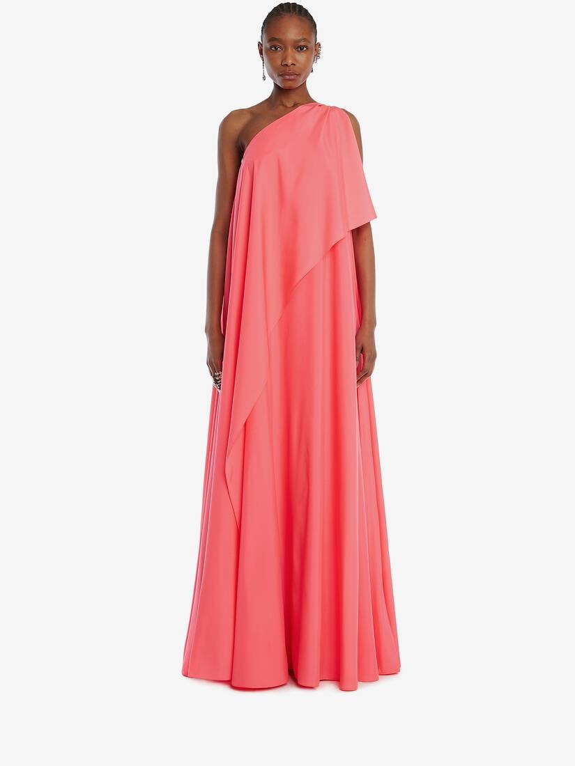 One-shoulder Drape Evening Dress in Neon Pink - 2