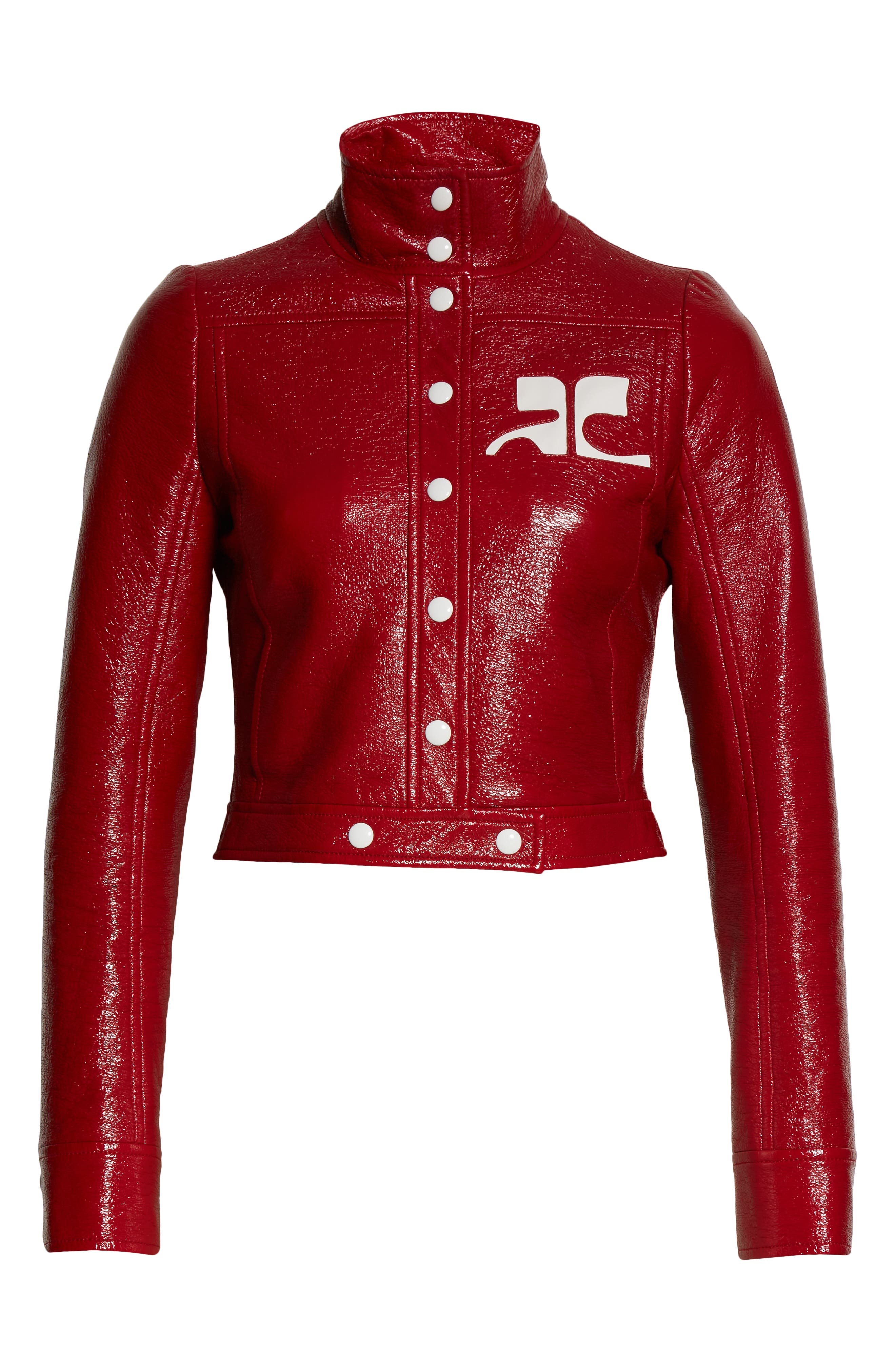 Courrèges Logo Patch Coated Stretch Cotton Crop Jacket in Groseille at Nordstrom - 6