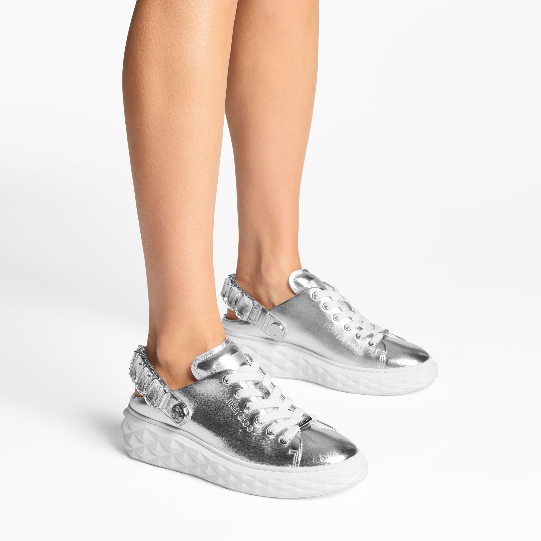 Diamond Sling
Silver Metallic Leather Slipper Trainers with Crystal Strap - 3