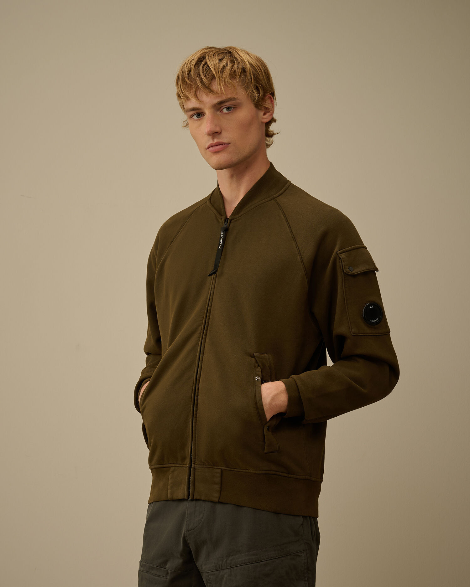 Brushed and Emerized Diagonal Fleece Bomber Full Zip Sweatshirt - 3