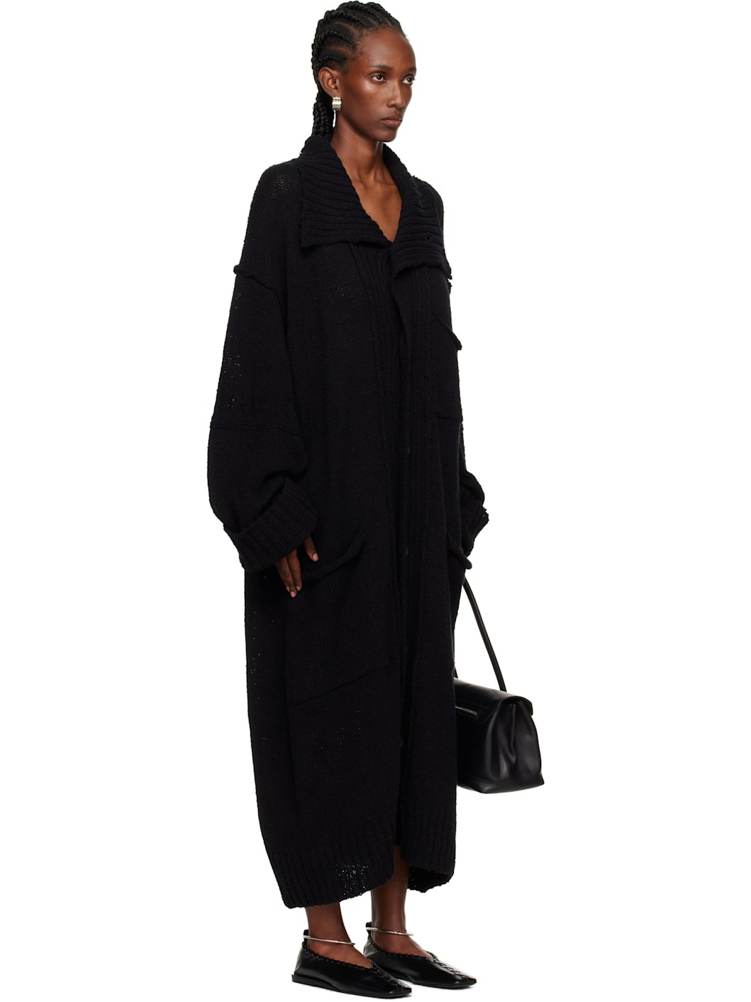 Black Plain Stitch Pocket High Neck Cardigan - 2