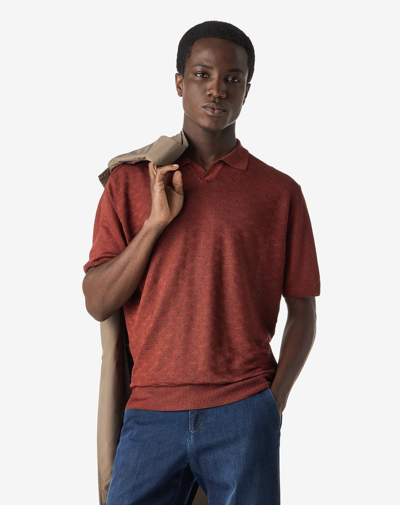 CORNELIANI Red buttonless linen polo shirt outlook