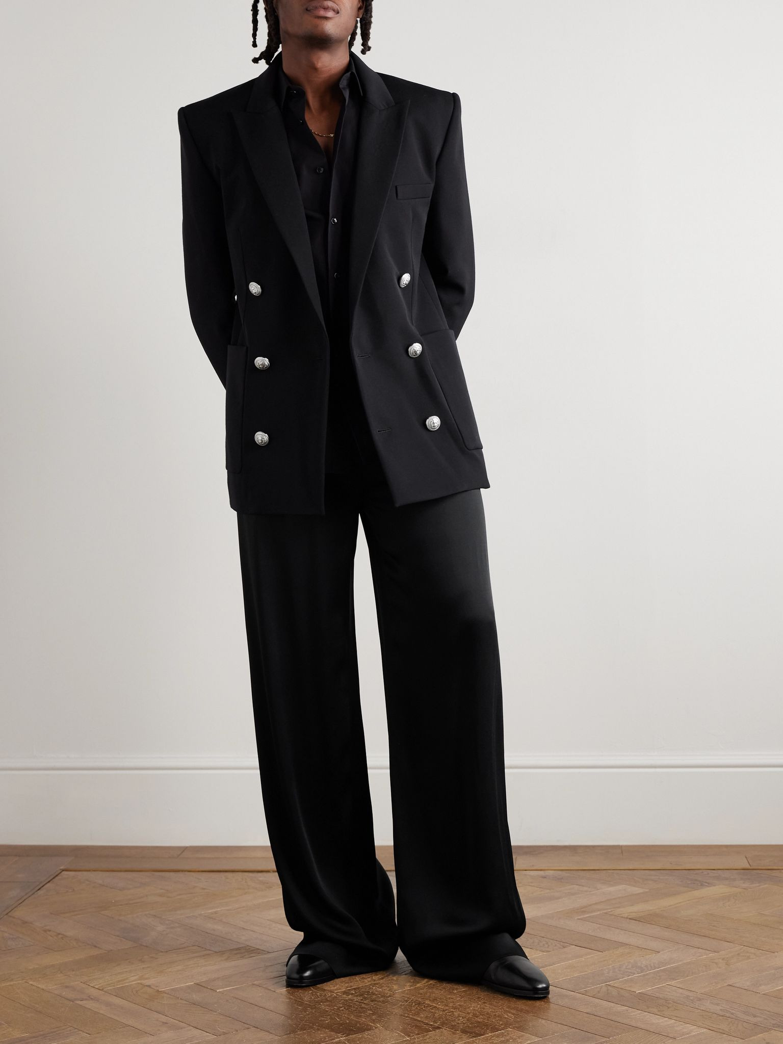 Double-Breasted Grain De Poudre Wool Blazer Black - 2